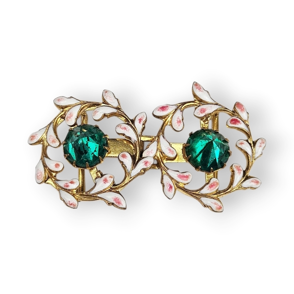 Art Deco Rhinestone Belt Buckle Floral Enamel Inverted Green Glass Vtg 1930s 40s